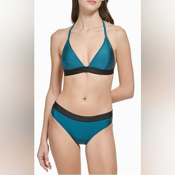 ☆NWT☆CALVIN KLEIN Women's Triangle Cut   Blue Cypress Shimmer Halter Tie Bikini - Picture 5 of 16